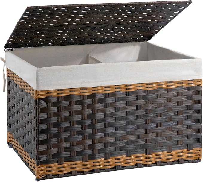 OIAHOMY Storage Basket with Lid, 27.7 Gallon (105L) Blanket Basket with Removable Liner Bag, Synthetic Wicker Hamper with Handle, Foldable, Hamper for Living Room, Brown