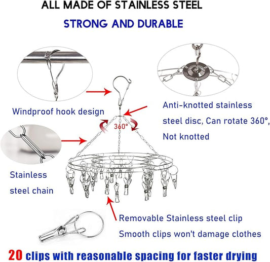 Clothes Drying Racks Clothes Clip Hangers with 20 Clips,Stainless Steel Hangers Clip Dry Hanger Laundry Rack for Drying Lingerie,Bras,Socks,Underwear,Baby Clothes,Brief,Scarf,Diaper,Towel (20 Clips)