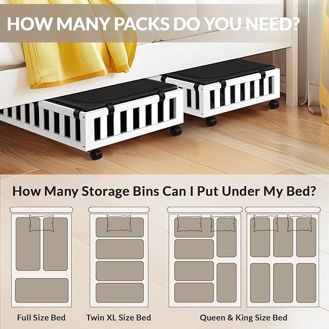 Gashell 2 Pack Bamboo Under Bed Storage with Wheels, 39”x20”x7.8” Lager Under Bed Storage Containers (White)