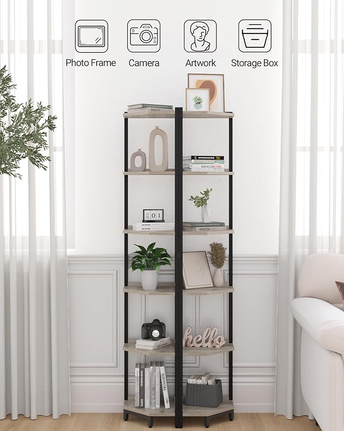 Corner Shelf Stand, Corner Bookshelf, Storage Standing Shelf Unit with Metal Frame, Plant Stand, Corner Bookcase for Living Room, Home Office, Bedroom, 6-Tier Greige CS06005B