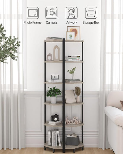 Corner Shelf Stand, Corner Bookshelf, Storage Standing Shelf Unit with Metal Frame, Plant Stand, Corner Bookcase for Living Room, Home Office, Bedroom, 6-Tier Greige CS06005B