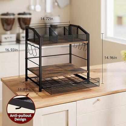 Coffee Bar Organizer - Countertop Coffee Station, 42 K Cup holder Storage Basket with Drawer and Hooks for Syrup, Cups, Stirrer, Condiment, Tea Organizer, Black and Brown