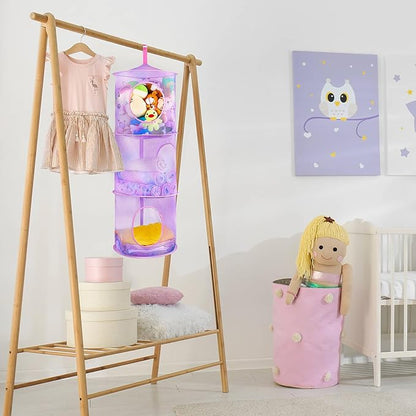 Basumee Stuffed Animals Net or Hammock 2 Pcs Stuffed Animals Storage Toy Net Hammock for Plushies Storage Organizer Mesh Kids Girls Room Decor, Purple, 3 Tiers