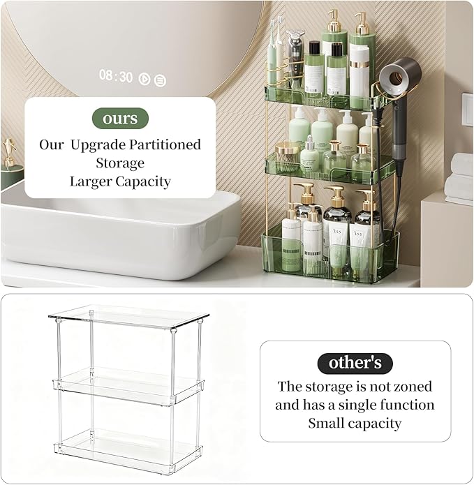 Weidace Bathroom Counter Organizer for Vanity, Makeup Organizer Countertop with Holder, Large Capacity Storage Rack, Perfect Large Skincare, Hair Care, Perfume, Easy to Install (Green, 3Tiers)