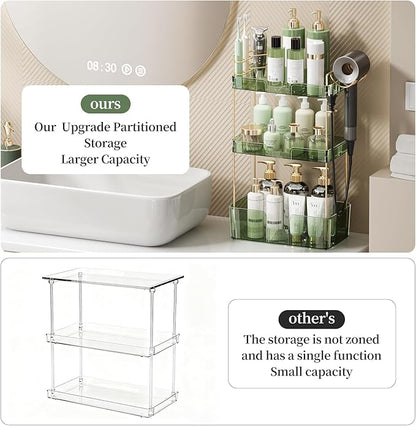 Weidace Bathroom Counter Organizer for Vanity, Makeup Organizer Countertop with Holder, Large Capacity Storage Rack, Perfect Large Skincare, Hair Care, Perfume, Easy to Install (Green, 3Tiers)