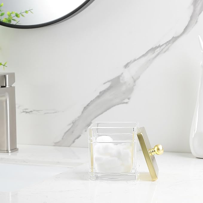 Indecor Home Clear Transparent Hotel Style Apothecary Tempered Glass Canister Jar W/ Gold Metal Lid Cover, Classic Countertop Organizer for Cotton balls/pads, Floss Picks, Makeup Storage