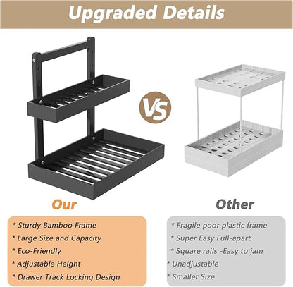 Bamboo Under Sink Organizer and Storage, 2 Tier Pull Out Cabinet Organizer, Slide Out Under Sink Storage Shelf, Undersink Organizers Shelves for Kitchen Bathroom Organization (Black, 2 Packs)