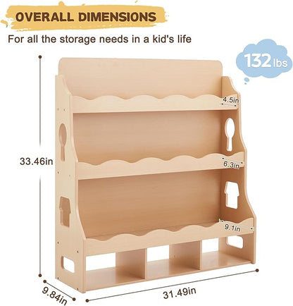 Wooden Kids Bookshelf, Book Shelf for Kids Rooms w/Scalloped Edges, Durable Childrens Bookshelf with 3 Cube Bins for Books & Toys - Toddler Montessori Bookcase Nursery