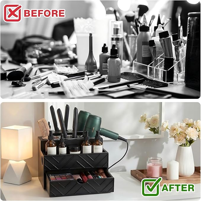 AceOrbit Hair Tool Organizer with Drawer, Hair and Makeup Bathroom Vanity Organizers and Storage Fits Blow Dryer, Curling Iron, Makeup Brushes, Skincare, Hot Tools Organizer for Tidy Counter(Black)