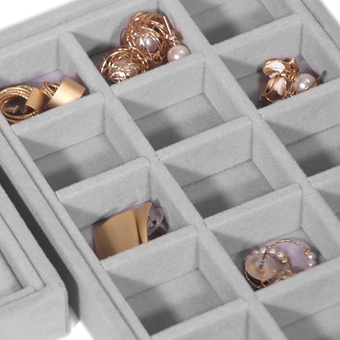 DIOMMELL 6 Pack Stackable Velvet Jewelry Trays Organizer, Jewelry Storage Box Display Trays Showcase Holder Closet Dresser Drawer Organizer for Earring Necklace Bracelet Ring Accessary, Grey