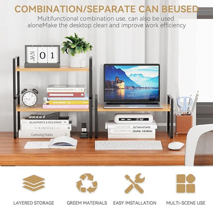 YGYQZ Desk Shelf Organizer for Top of Desk, Detachable 2 Tier Desktop Bookshelf, Wooden Desk Shelves Storage Rack, Small Desktop Shelf for Office Home Dorm, Tabletop Desk Organizer Stand (Black Wood)
