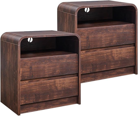 Aitjunz 25" Tall Modern Nightstand Set of 2, 23.6'' Wide Wood Bedside Table w/2 Storage Drawers, Charging Station,Mid Century End Table for Bedroom, Living Room, Curved Profile Design, Brown