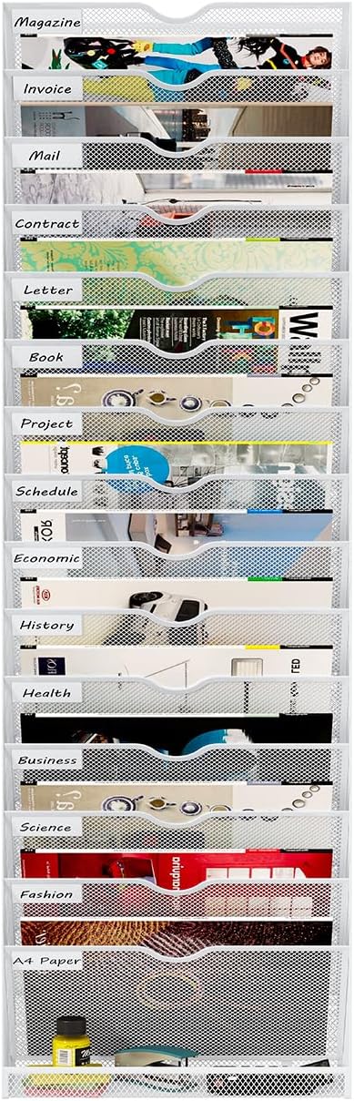 Hanging Wall File Organizer,16-Tier Desk File Mail Holder, Paper Bill Organization For Office Home School, White