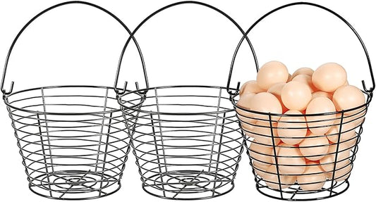 3 PCS 8" Black Round Wire Egg Baskets With Handle, Small Metal Egg Collecting Basket for Gathering Fresh Eggs, Chicken and Duck Eggs Hunting Basket Egg Holder Countertop