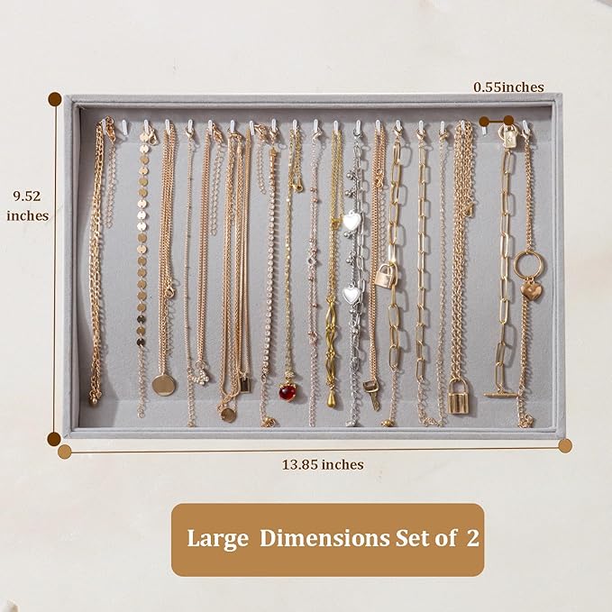 KATISYIO Large Velvet Jewelry Tray 2 Pack Stackable Jewelry Display Drawer Inserts Trays Organizer for Earring Bracelet Necklace Ring (Gray, 20 Hooks)