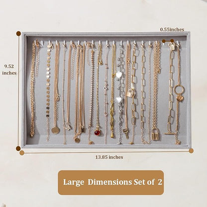 KATISYIO Large Velvet Jewelry Tray 2 Pack Stackable Jewelry Display Drawer Inserts Trays Organizer for Earring Bracelet Necklace Ring (Gray, 20 Hooks)