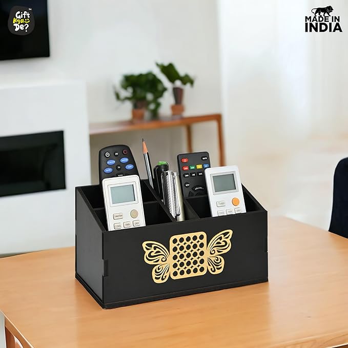 GKD wooden Remote Stand with 5 Sections | Remote Holder for Living Room, TV, and AC | Stationary Organizer | 5 in 1 | Ideal for Home and Office (Black Butterfly)