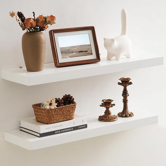 Farmhouse Floating Shelves - 8 Inch Deep Rustic Wood Wall Shelf - Premium Solid Pine Wood Storage Shelf Display Shelf for Kitchen Living Room Bedroom - 24"W x 8"D - Set of 2 - White Color