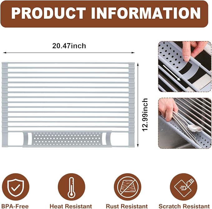 Route Kitch Roll Up Dish Drying Rack, Silicone All Inclusive Portable Drainer for Kitchen Sink Counter