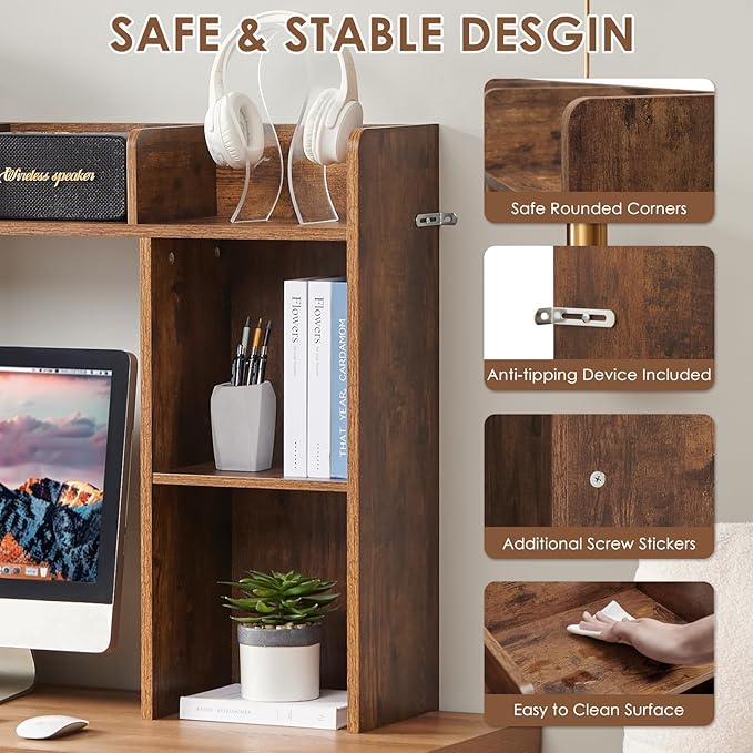Desktop Bookshelf, Wooden Desk Storage Hutch with 5 Shelves, 3-Tier Desktop Display Organizer Rack for Office Home (Brown, 5 Shelves A)