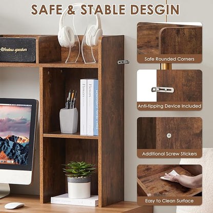 Desktop Bookshelf, Wooden Desk Storage Hutch with 5 Shelves, 3-Tier Desktop Display Organizer Rack for Office Home (Brown, 5 Shelves A)