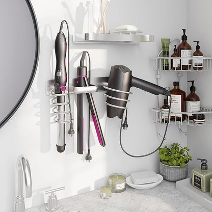 hicorfe Hair Dryer Holder 3 in 1 Hair Tool Organizer,Blow Dryer Holder Wall Mounted,Bathroom Bedroom Care Styling for Flat Iron,Curling Iron,Hair Straightener（Silver）