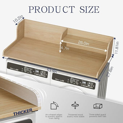 DTK Washer Dryer Wood Countertop with Shelf, Laundry Topper with Non-Slip Mat,27.55" Depth x 54" Width Dryer Covers for The Top with Edge Rails (Light Walnut)