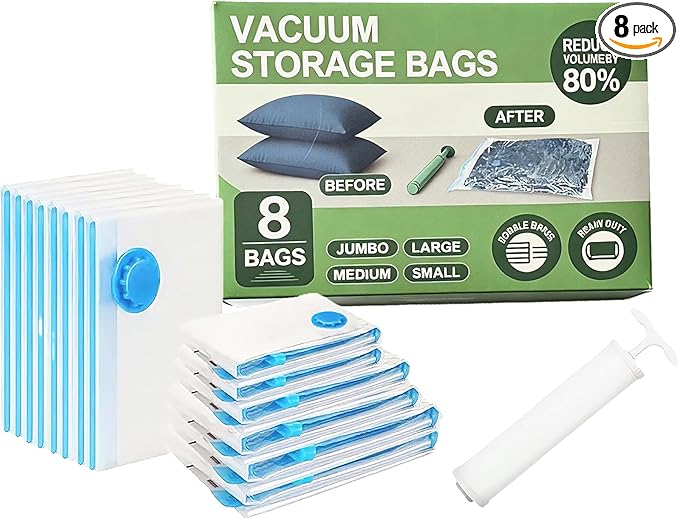 LICOZYVE Vacuum Storage Bags for Travel and Home,8 Pack Vacuum Seal Bags for Clothing,(with Hand Pump, Small 40 * 60)