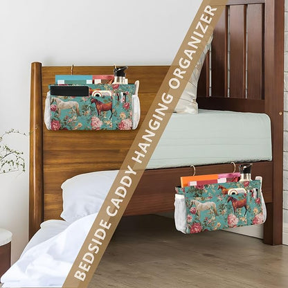 CuwrYet Bedside Caddy Hanging Bunk Bed Caddy Bed Organizer Hanging Pocket with 2 Hooks Bedside Storage Organizer Pocket Bag Holder Teal Horses and Red Roses