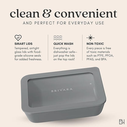 BRIVARA HOME Ceramic Coated Glass Food Storage Container | No PTFE, PFOA, PFAS, and BPA | Reusable Non Toxic Meal Prep Container with Glass Lid | Easy To Store | 5 Cup Square [Smoke]