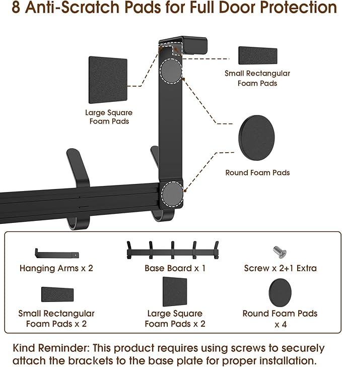 CHAUNCEY HOME Over The Door Hooks Hanger with 7" Extended Arms for Hanging, J7U, Perfectly Fits US Standard 1 3/8-inch Doors, Towel Rack Organizer Holder, Matte Black