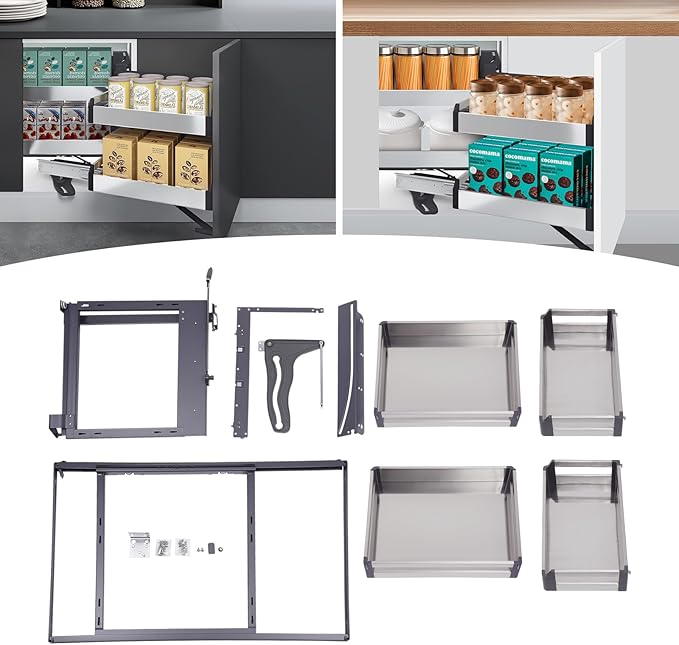 QIANMOON Kitchen Corner Cabinet Pull Out, Magic Pull Out Open, 2 Tiers Swing Tray, Blind Corner Soft Close, for Place Pots and Pans, Containers, Spice Jars