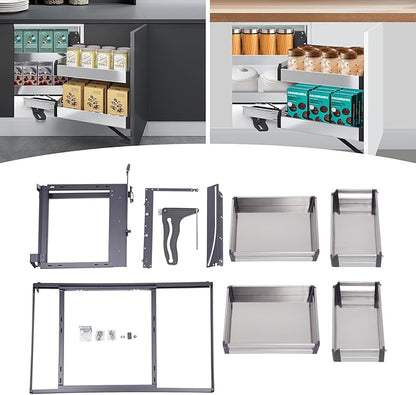 QIANMOON Kitchen Corner Cabinet Pull Out, Magic Pull Out Open, 2 Tiers Swing Tray, Blind Corner Soft Close, for Place Pots and Pans, Containers, Spice Jars
