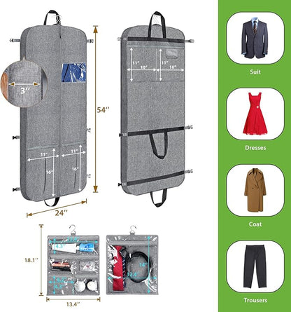 KEEGH 54" Garment Bags for Travel Tri-fold Garment Bag for Dresses Long Waterproof Suit Bags for Men Hanging Clothes for Suit Coats Tuxedos Dresses with 4 Big Pockets & Accessory Pouch, Black