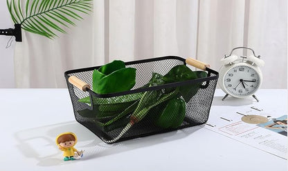 Metal Mesh Steel Basket, Large Wire Storage Organizer Basket Multi-function Hanging Kitchen Baskets with Wood Handle for Kitchen Bathroom Picnic Home, Rectangle-Black