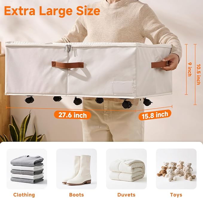 KitHero 60L Large Under Bed Storage with Wheels Pack of 2, Underbed Shoe Container Bin with Clear Lid Cover, 10.5 Inches Rolling Under Bed Drawer Storage Bag Basket for Boots Quilt Sweater - White