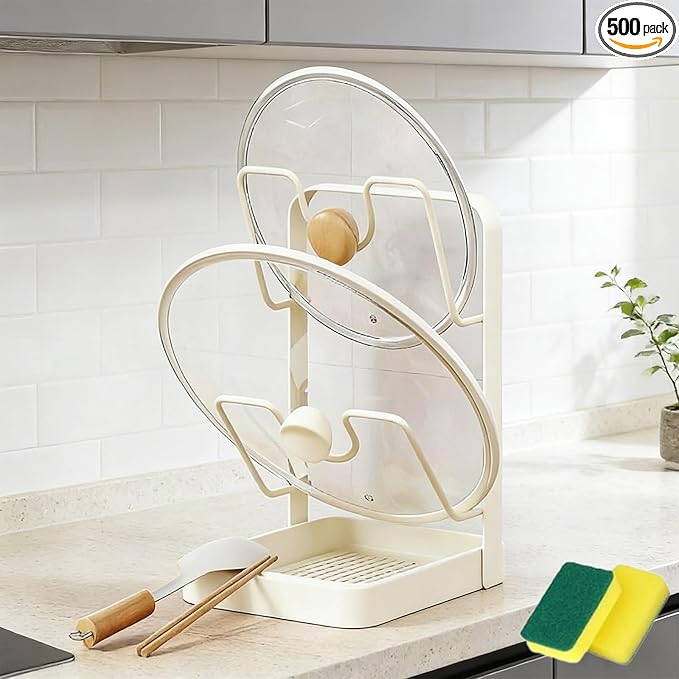 Kitchen Pot Lid Storage Rack, Pot Lid Organizer Rack—The Ultimate Christmas Kitchen Organizer, Multifunctional Utensils Pan Pot Cover Lid Rack Shelf for Pots Lids, Spatulas (Beige-Double Layer)