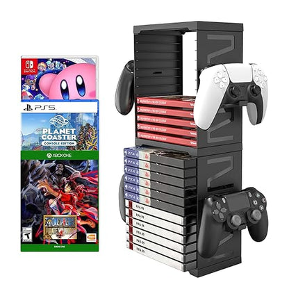ASFSKY Video Game Storage Tower - 24 Games Video Game Organizer & Holder with 4 Controller Hooks, Universal Video Game Storage Compatible with PS5/PS4/Xbox/Switch - Gamer Gifts