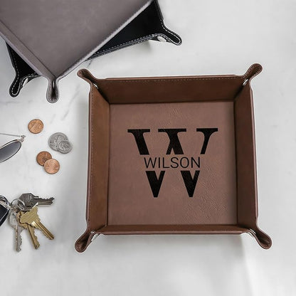 Lifetime Creations Personalized Valet Tray with Last Name and Initial (Gray) - Vegan Leather Catchall, Monogrammed, Organizer, Groomsmen Gift