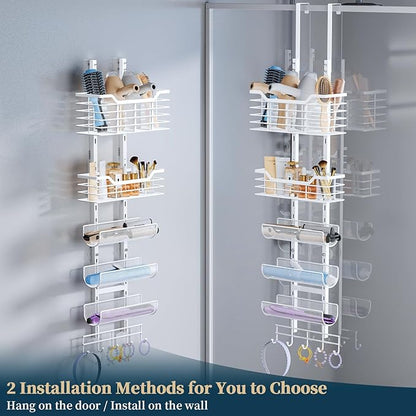 Consumest 6-Tier Hair Tool Organizer - Hair Dryer Holder Over The Door/Wall Mounted DIY Adjustable Shelf Bathroom Door Organizer with Hook for Curling Iron/Blow Dryer/Straightener White