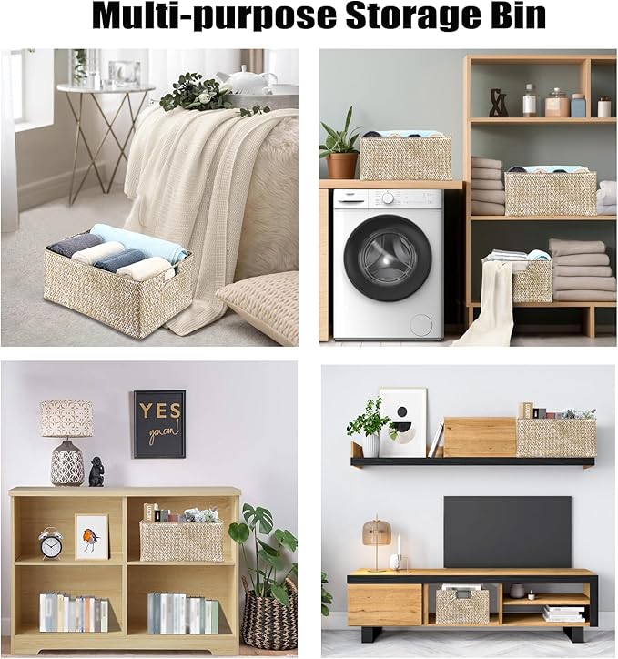Hipiwe Seagrass Storage Basket Bin Rectangular Handwoven Wicker Storage Box with Handle Opened Baskets Box for Shelf Organizing Closet Bathroom, 15.7" L x 11.8" W x 7.5" H