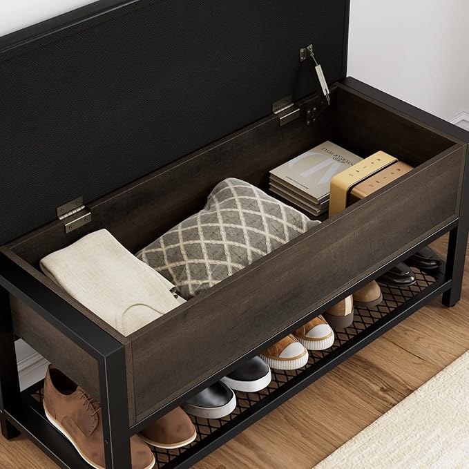 HOSTACK Storage Bench, Entryway Shoe Bench with Flip-Open Storage Box, End of Bed Ottoman Bench with Storage Shelf and Padded Seat for Bedroom, Hallway, Dark Brown