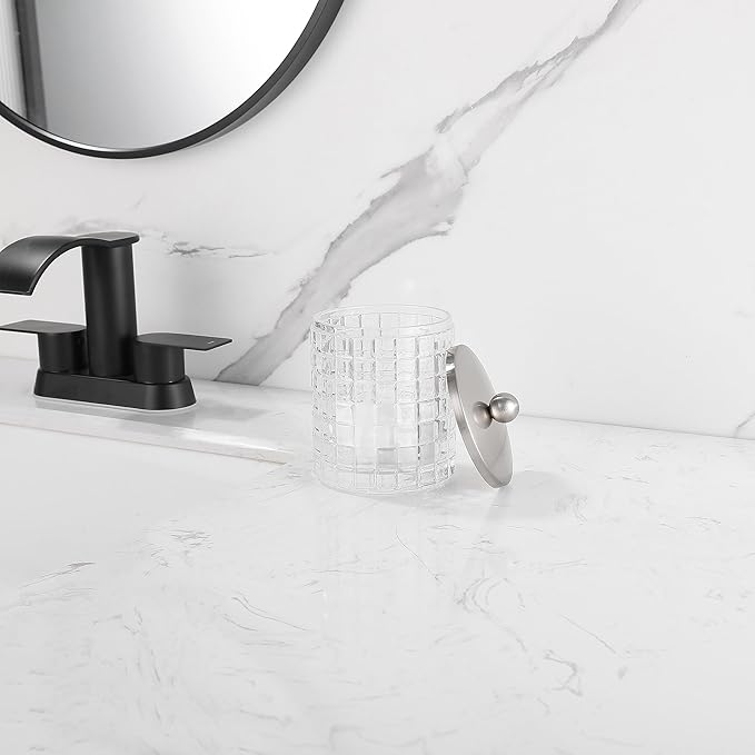 Indecor Home Clear transparent Apothecary Etched Geometric Grid Glass Jar W/Satin Nickel Metal Lid Cover for Bathroom Organization, Cotton Balls, Q Tips, and Small Accessories, Bathroom Storage