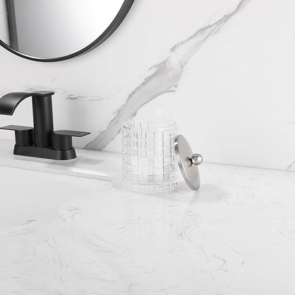 Indecor Home Clear transparent Apothecary Etched Geometric Grid Glass Jar W/Satin Nickel Metal Lid Cover for Bathroom Organization, Cotton Balls, Q Tips, and Small Accessories, Bathroom Storage