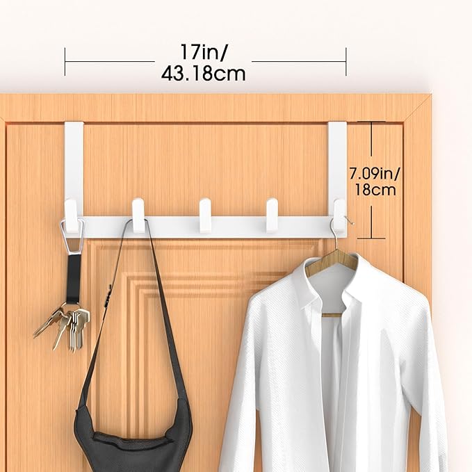 CHAUNCEY HOME Over The Door Hooks Hanger, Heavy Duty Rack for Winter Coat, Fits 1 3/8" Doors, L7U - Bathroom Accessories and Towel Organizer Holder, Glossy White