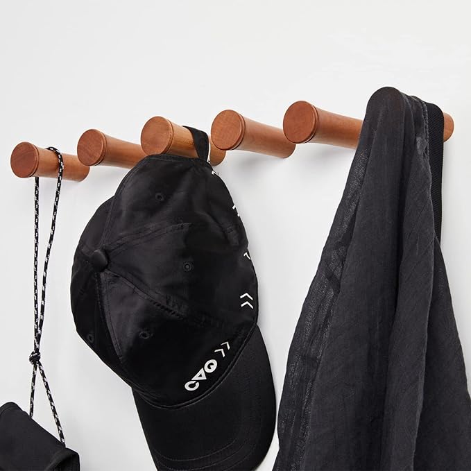 HomeDo Wall Hooks, Wooden Coat Rack Wall Mounted, Entryway Hat Hanger, Decorative Single Organizer, Heavy Duty Towel Hook (Cherry Wood-3inch, 6Pack)