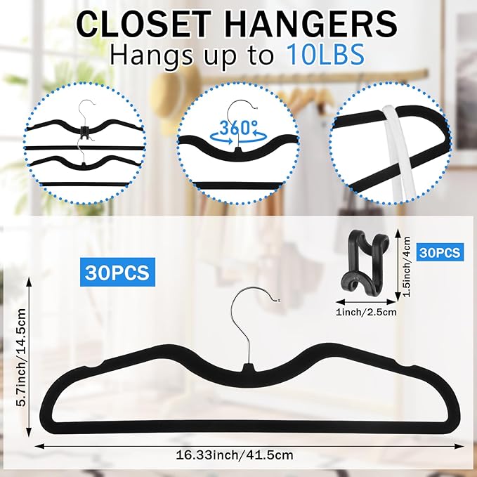 30 Pack Pants Hangers Non Slip, Velvet Hanger for Closet with 30 Hooks, Durable Strong Slimline Space Saving Pants Hanger, Ultra Thin Flocked Hangers for Pants/Shirts/Bra/Shorts (Black)