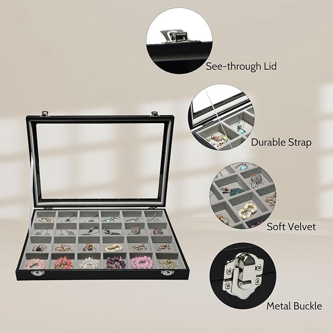 Stratalife Earring Organizer Velvet Jewelry Organizer Box 24 Grid Earring Tray Jewelry Display Jewelry Storage Jewelry Trays For Drawers Jewelry Display Case With Clasp (Gray Black)
