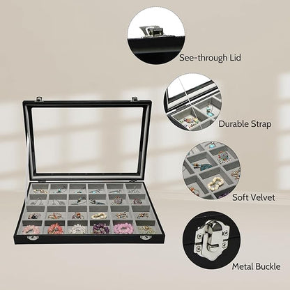 Stratalife Earring Organizer Velvet Jewelry Organizer Box 24 Grid Earring Tray Jewelry Display Jewelry Storage Jewelry Trays For Drawers Jewelry Display Case With Clasp (Gray Black)