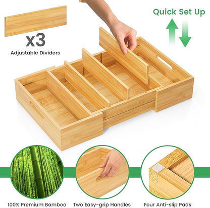 Kiasthome Expandable Bamboo Lid Organizers Inside Cabinet, Kitchen Cabinet Organizers with 3 Adjustable Dividers, Storage Plastic Lids, Food Container Lid Holder Organizer for Drawer Pantry, Nature